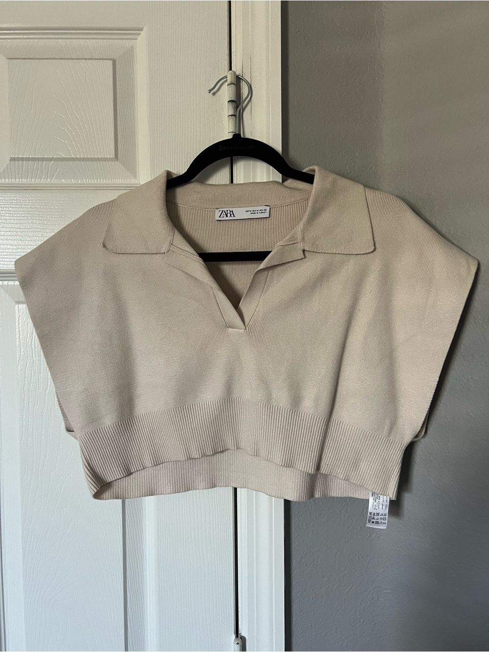 Zara Beige Cropped Polo Knit Top